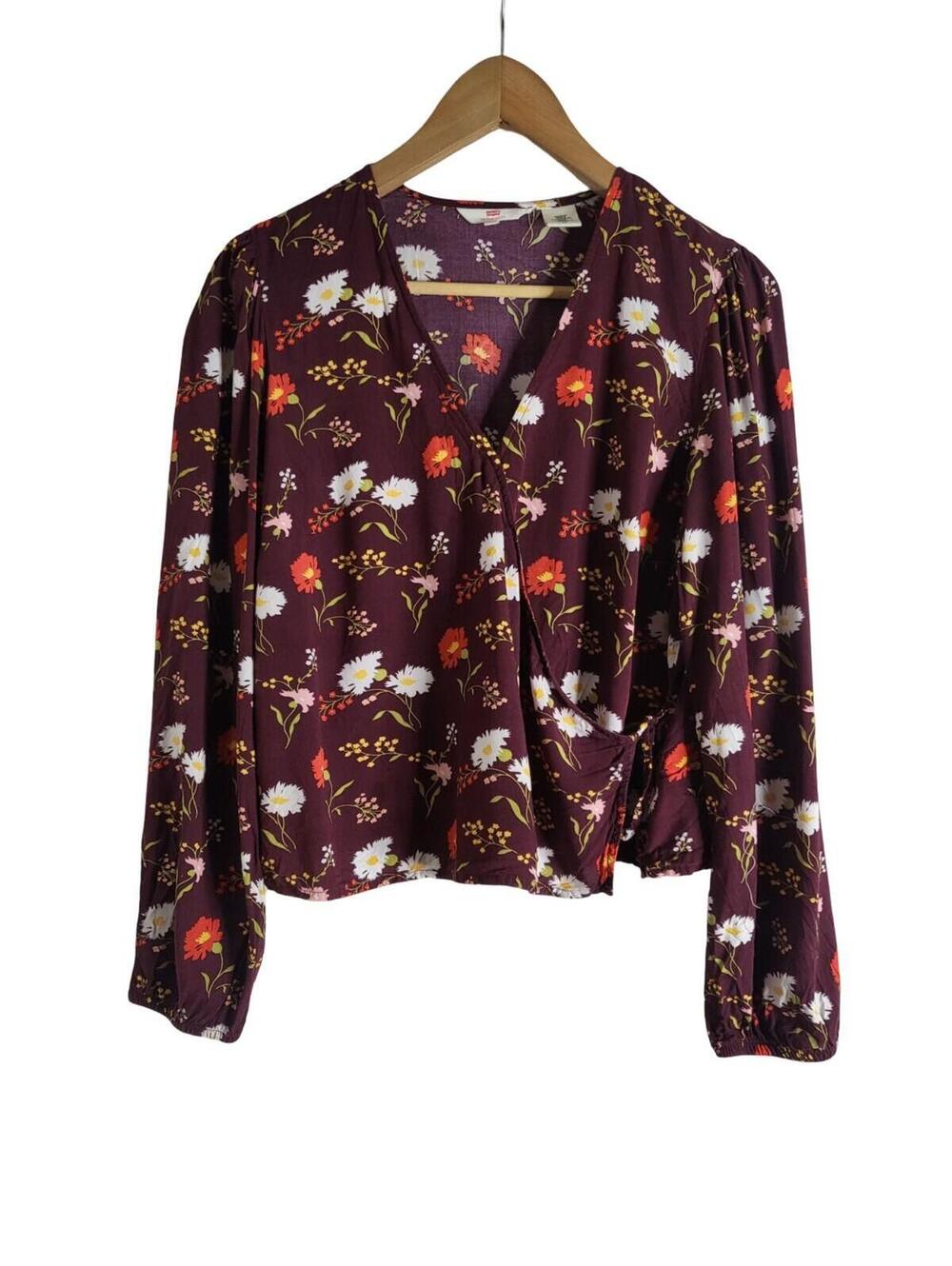 Levi's Burgundy Blouse Vibrant Daisy Flower Print Wrap Style Front Size Large